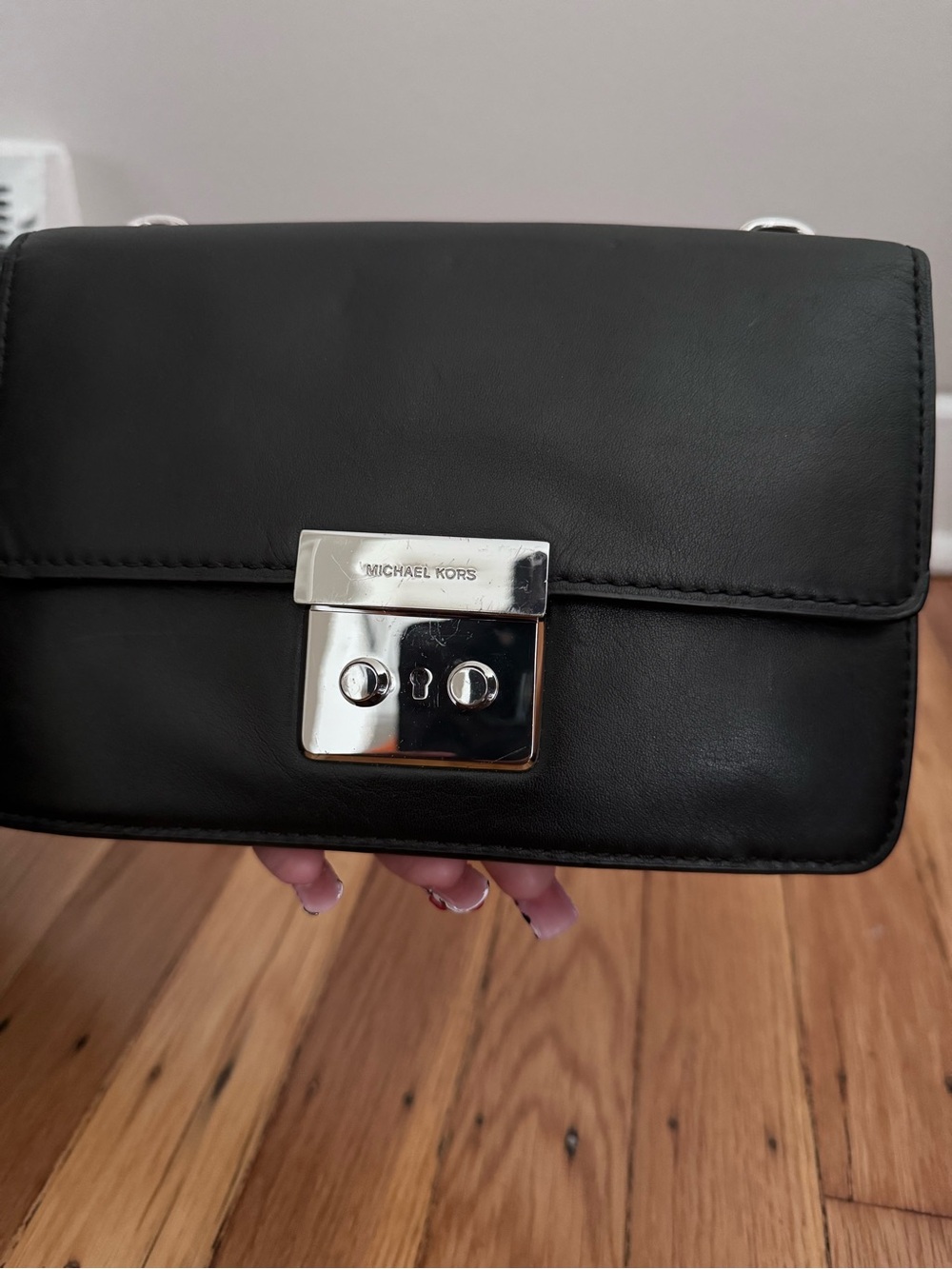Michael Kors Black Leather Crossbody with Silver Lock